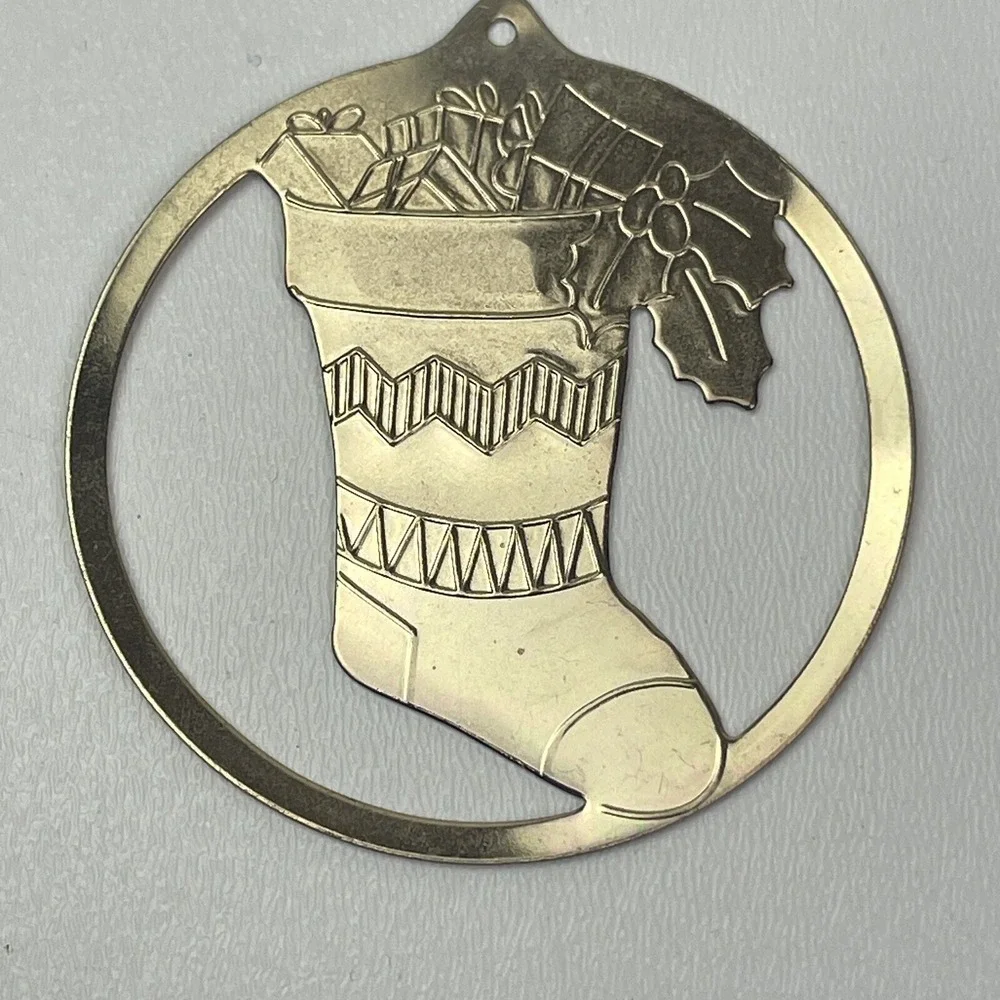 1983 Flat Brass Christmas Stocking and Toy Etched Ornament